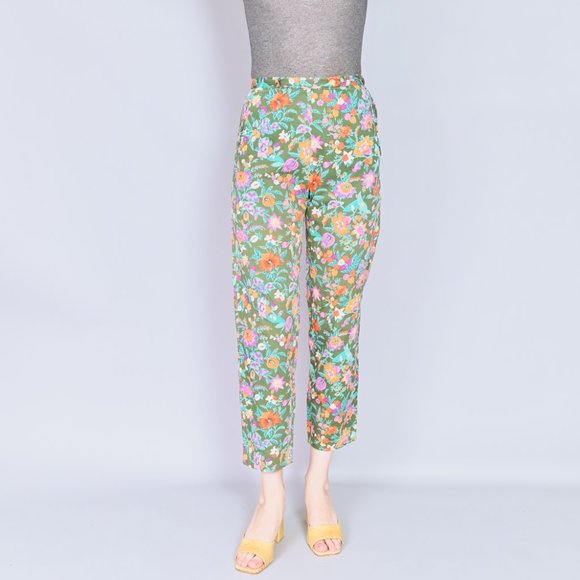 VINTAGE Vico Dritto Portofino High Waist Green Floral Pants 50s Retro  S - Picture 6 of 7